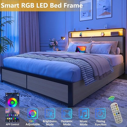 Lifezone Queen Bed Frame with 2-Tier Storage Headboard, Metal Platform Bed Frame with 4 Storage Drawers, Built in Charging Station & LED, Noise-Free/Metal Support/No Box Spring Needed, Beige