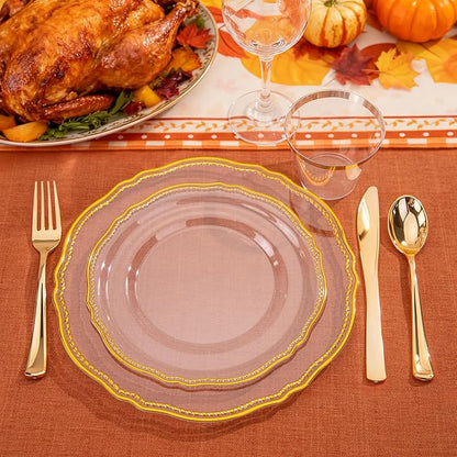 Hioasis 175pcs Clear Gold Plastic Plates - Gold Plastic Dinnerware Set Includes 25 Dinner Plates, 25 Dessert Dinnerware, 25 Cups, 25 Napkins Perfect for Wedding & Party
