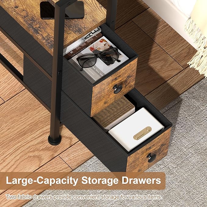 Small Narrow Side Table with Drawers, Skinny End Table for Small Spaces, Slim Nightstand with Storage, sofa bedside Table in Living Room, Bedroom, Study, kitchen and Balcony (Rustic Brown)M-LBZ83B1V1
