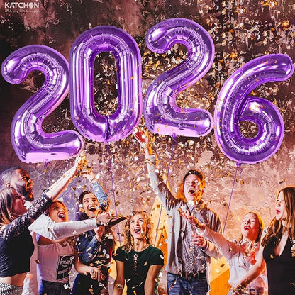Katchon, Giant Purple 2026 Balloons - 42 Inch | Happy New Year Balloons | 2026 Balloon Numbers | Silver Balloon for New Years Decorations 2026 | NYE Decorations | New Years Eve Party Supplies 2026