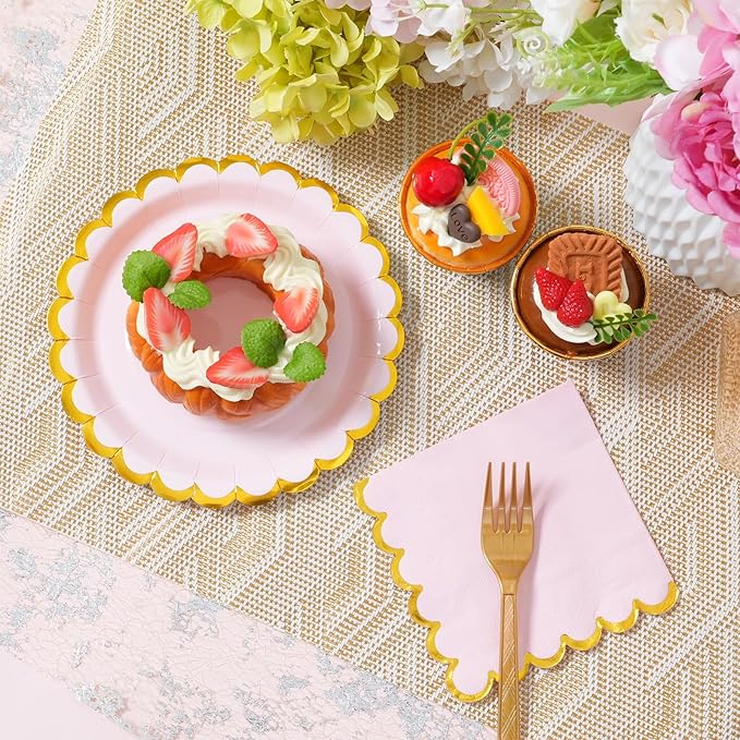 Pink & gold scalloped party plates with napkins and fork gold foil border, 24 Guest Pink disposable Tableware Set Party Decoration for Birthday Coquette Bridal Baby Shower Valentines