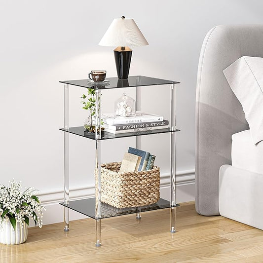 Tempered Glass Side Tables Set of 2 Acrylic End Table with 3 Storage Shelve transparent Bedside simplicity clear 3-Tier Nightstands for small Spaces Office Bedroom Living Room Study black ET-008BK3T