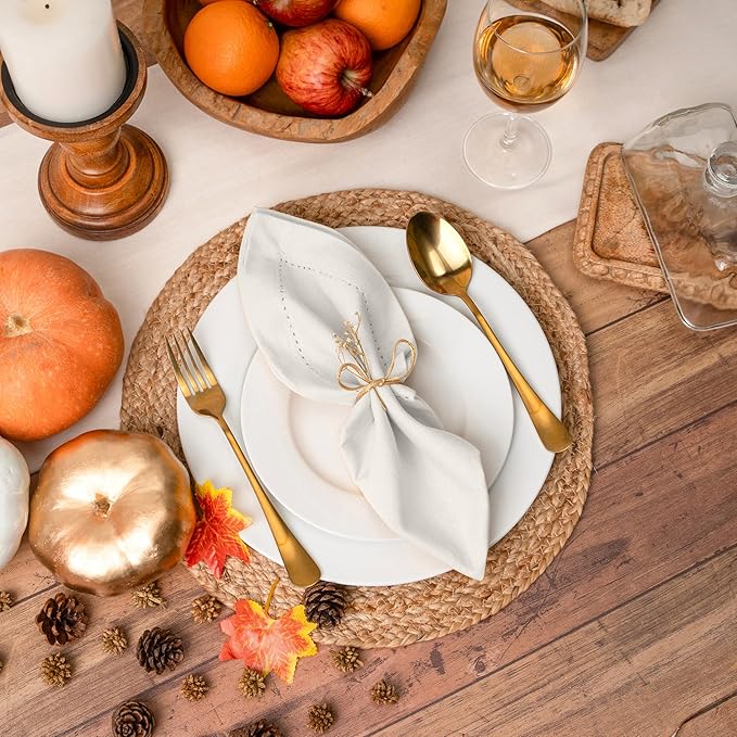 Blue Needles Set of 12 Hemstitch Linen Napkins 100% Cotton White Cloth Dinner Napkins 18x18 inches, Soft, Reusable, Absorbent, Washable, Ideal for Fall Thanksgiving Events, Parties & Everyday Use