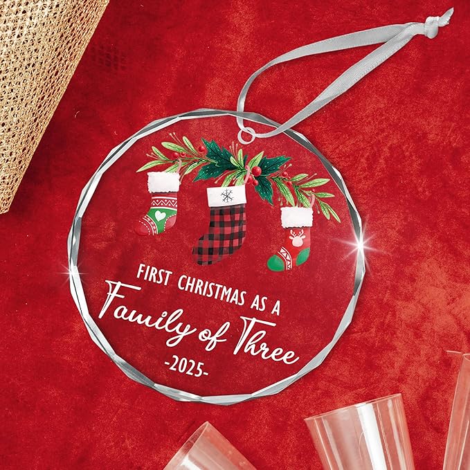 Baby's First Christmas Ornaments 2025 - Christmas Tree Decoration Glass Ornaments - New Parents Mom Dad, Baby First Ornament, First Christmas As A Family of Three, Ideal for New Mom Dad