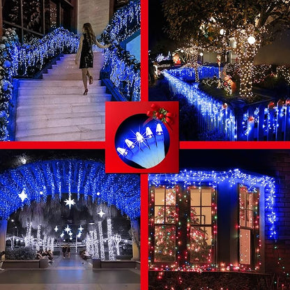 792 LED Christmas Outdoor Lights with 176 Drops, 82ft Hanging Curtain Lights 8 Modes, Christmas Fairy Lighs with Timer & Memory for House Roof Holiday Wedding ChristmasDecor (Blue)