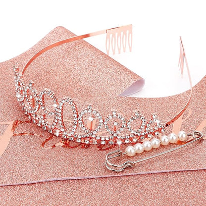 CIEHER 90th Birthday Crown, Sash & Pearl Pin Set - Elegant Decorations & Gifts for Her 90th Fabulous Birthday