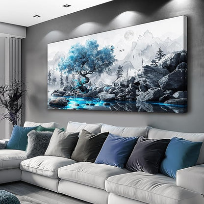 FUHAIHUA Large Wall Decor For Living Room Canvas Wall Art For Bedroom Office Decor Black And White Wall Pictures Artwork Blue Tree Landscape Painting Ready To Hang Hotel Room Home Decoration 24x48