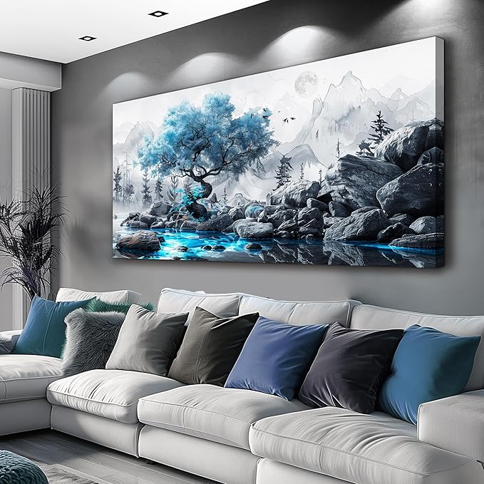 FUHAIHUA Canvas Wall Art For Living Room Large Wall Decor For Office Bedroom Decor Black And White Wall Pictures Artwork Blue Tree Landscape Paintings Ready To Hang Hotel Room Decoration 30x60 In