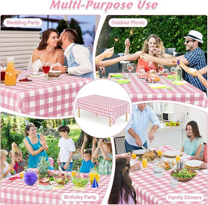 12Pack Table Cloth Rectangle Table, 54" x 108" Plastic Table Cloth Disposable, Waterproof Pink and White Checkered Table Cover for Outdoor Picnic Birthday Party Supplies Gathering BBQ Holiday Dinner