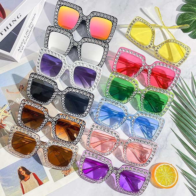 Pibupibu 12/24 Pack Fun Oversized Square Crystal Sunglasses for Women Bulk, Disco Rhinestone Sparkling Glasses Party Favors
