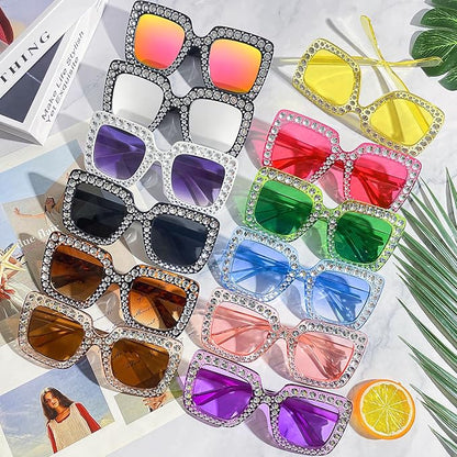 Pibupibu 12/24 Pack Fun Oversized Square Crystal Sunglasses for Women Bulk, Disco Rhinestone Sparkling Glasses Party Favors