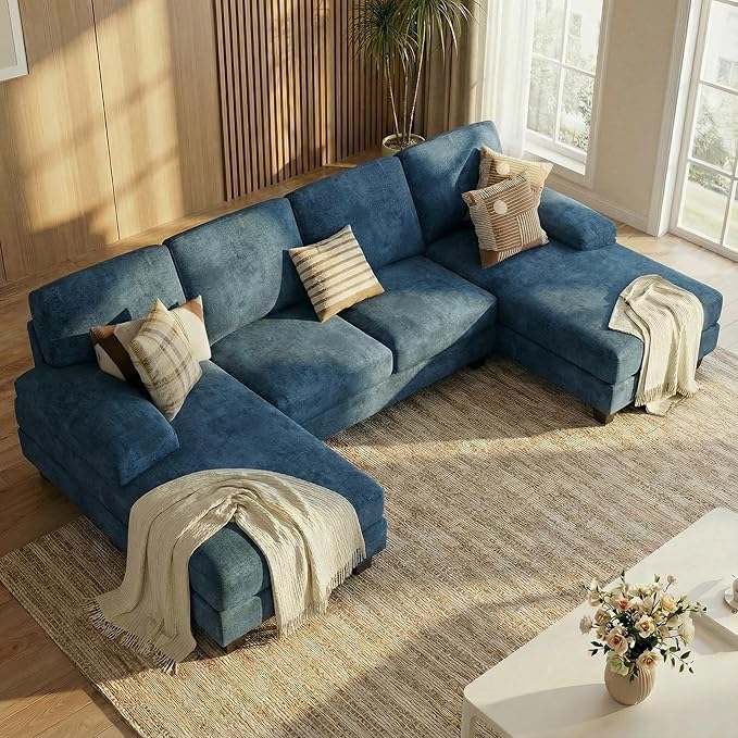 Homall Modular Sectional U Shaped Sofa Couches for Living Room, Comfy Chenille 4 Seat Sofa Set with Removable Pillows, Lounge Chaise Upholstered Couch for Apartment (Chenille, Light Blue)