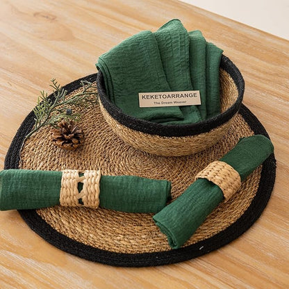 Cloth Napkins 17x17 Inches, Set of 10 Emerald Green Cotton, Includes 10 Sisal Ropes, Perfect for Lunch, Dinner, Wedding, Baby Shower, Boho Decorations