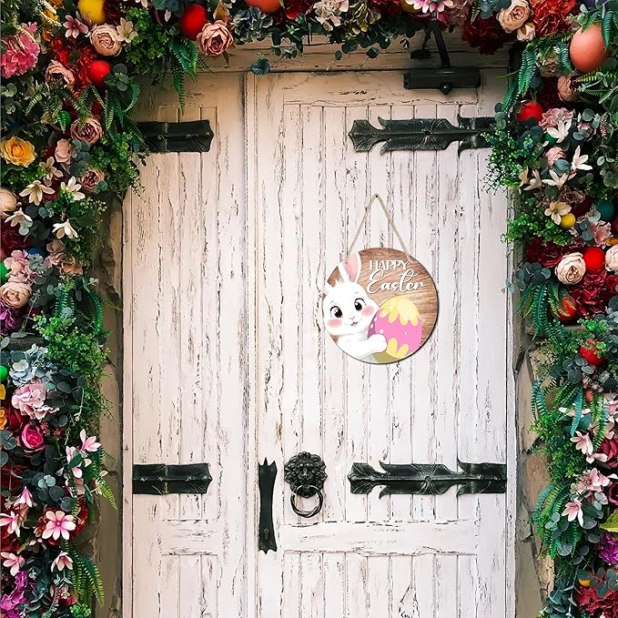 10" Easter Round Wooden Hanging Sign With Sisal Rope - Happy Easter - Bunny & Egg Wooden Plaque For Front Door, Porch, Outdoor Indoor, Farmhouse Wall Decor Party Favor & Decorations - B03