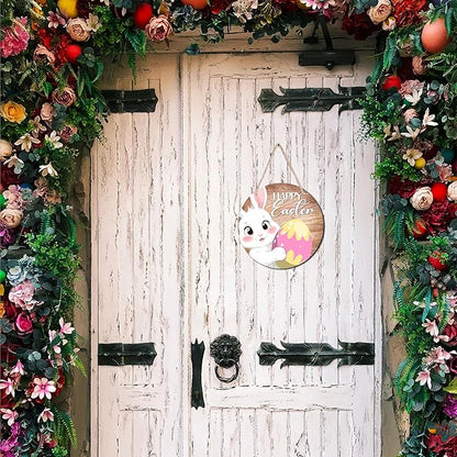 10" Easter Round Wooden Hanging Sign With Sisal Rope - Happy Easter - Bunny & Egg Wooden Plaque For Front Door, Porch, Outdoor Indoor, Farmhouse Wall Decor Party Favor & Decorations - B03
