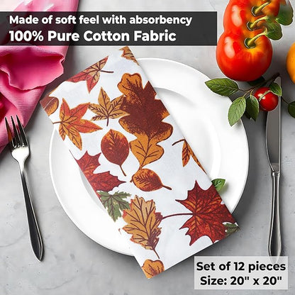 Urban Villa Cloth Napkins Set of 12 20x20 Inches 100% Cotton Napkins Cloth Washable Durable Reusable Absorbent Table Dinner Napkins Cloth for Thanksgiving Hotel Lunch Restaurant Parties – Leaves Print