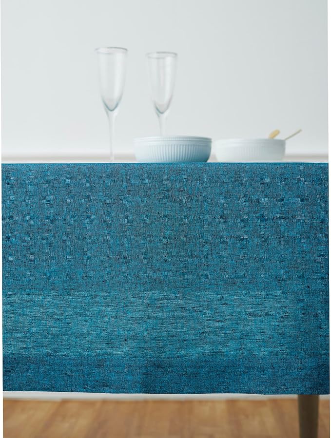 Solino Home Linen Tablecloth 60 x 120 Inch - 100% Pure Linen Chambray Teal Table Cloth for Rectangle Tables - Athena, Machine Washable Tablecloth for Fall, Autumn