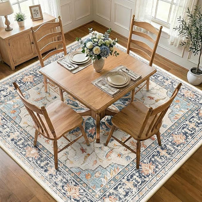 Area Rugs Square 7ft Washable Non-Slip, Floral Vintage Distress Print Pattern Medallion Carpet for Living Room Bedroom Dining Room, Beige Navy Blue Orange Colorful