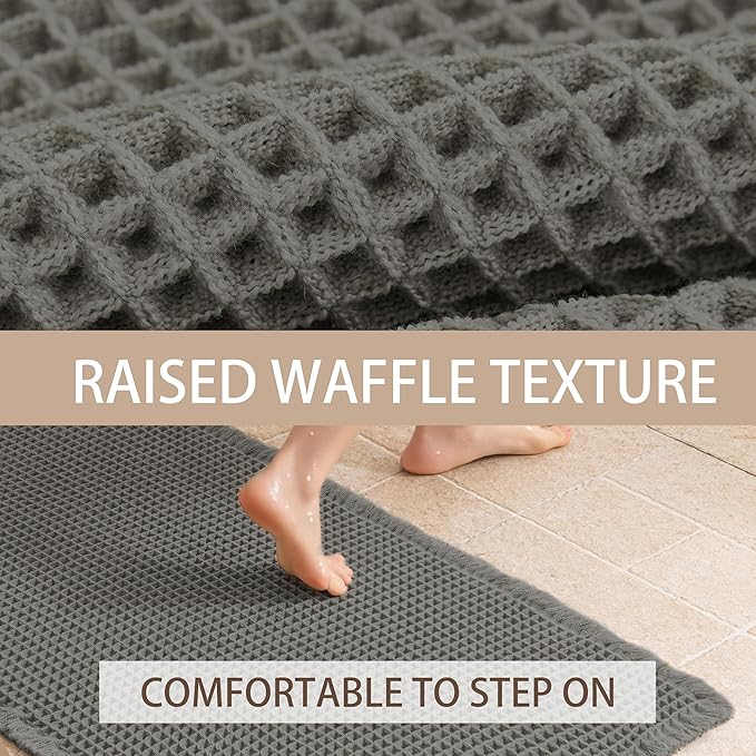 Waffle Bath Mat Non Slip, Boho Runner Rug, Super Absorbent Quick Dry Long Bath Runner Bathroom, Soft Farmhouse Bath Rug with Tassels, Washable Shower Mats for Floor 24"x48", Dark Grey