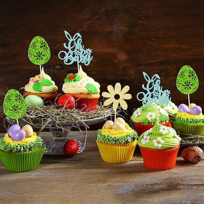 24 Pcs Oh Baby Cupcake Toppers - Blue Glitter Babyshower Cake Picks - Happy Easter Bunny & Spring Theme Boy Birthday Party Decorations