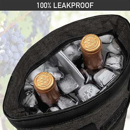 opux Two Bottle Wine Bag Carrier Tote, Insulated Leakproof 2 Bottle Wine Cooler Bag for Travel BYOB Picnic, Portable Wine Case, Gift for Men Women Wine Lover Birthday Party Christmas, Charcoal Gray