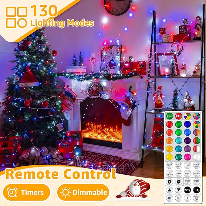 Ollny RGB Christmas Lights 100 LEDs 33 FT Clear Wire, 130 Modes Color Changing Connectable Christmas Tree Lights with Remote, Timer & Waterproof, Outdoor Xmas String Light for House Decorations