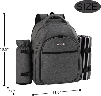 apollo walker Picnic Backpack Bag for 2 Person with Cooler Compartment, Detachable Bottle/Wine Holder, Fleece Blanket, Plates and Cutlery Set (2Person,Grey)