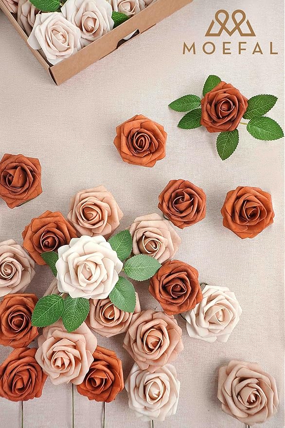 25Pcs 3 Inch Artificial Foam Roses, Terracotta Sunset Palette with Burnt Orange & Nude Shades, Realistic Flowers for DIY Boho Wedding Bouquets, Centerpieces, Fall Decor
