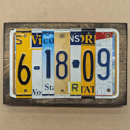 Personalized License Plate Date Sign – Custom Anniversary Sign – Handmade from Real Cut License Plates – Wedding, 10th Anniversary (Tin/Aluminum), Birthday & Special Occasion Décor