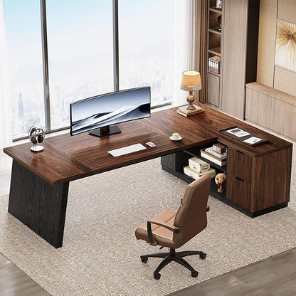 Tribesigns 78" L Shaped Executive Desk, Large Office Desk with Drawers and Storage Shelves, Modern Corner Computer Table Business Furniture for Home Office (Walnut & Brown)