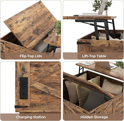 Farmhouse Lift Top Coffee Table, Square Wood Center Table with LED Lighting, USB-C Charging Station, and Hidden Storage Compartment - Rustic Brown Living Room Furniture