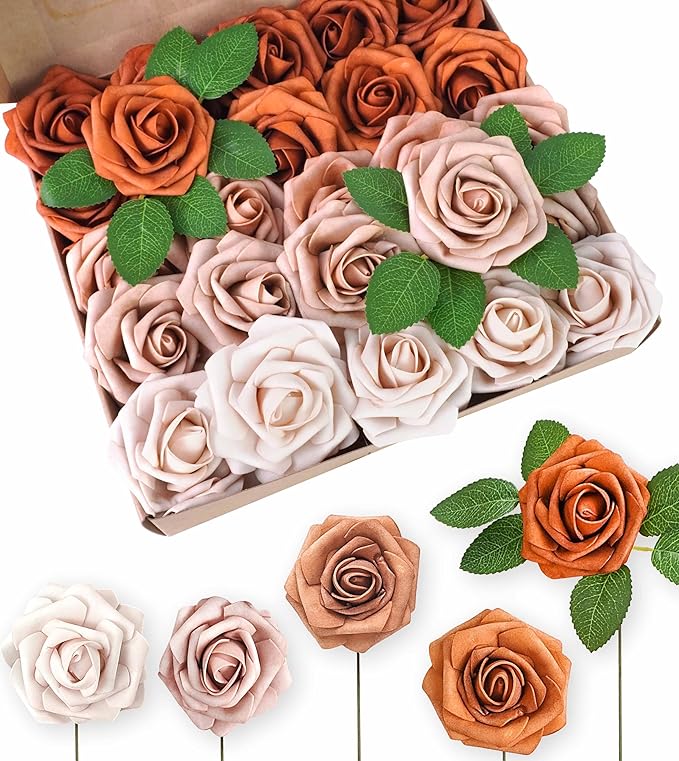 25Pcs 3 Inch Artificial Foam Roses, Terracotta Sunset Palette with Burnt Orange & Nude Shades, Realistic Flowers for DIY Boho Wedding Bouquets, Centerpieces, Fall Decor