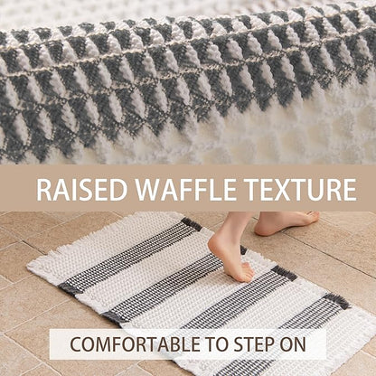 Waffle Bath Mat Non Slip, Boho Bathroom Rug, Super Absorbent Quick Dry Bathroom Mat, Soft Farmhouse Bath Rug with Tassels, Small Washable Shower Mats for Floor 16"x24", White and Grey