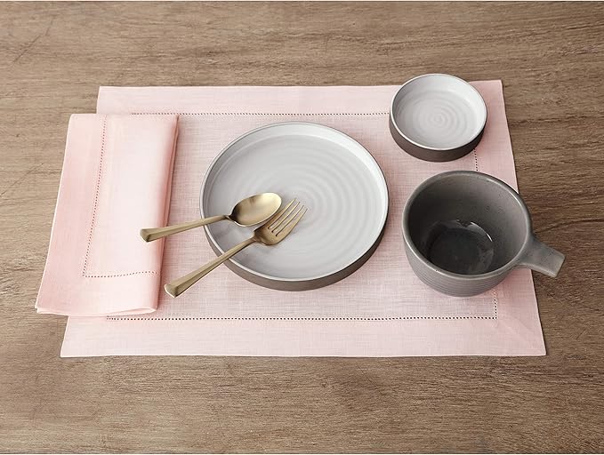 Solino Home Linen Placemats Set of 4 - Classic Hemstitch Pink Placemats 14 x 19 Inch - 100% Pure Linen Table Mats