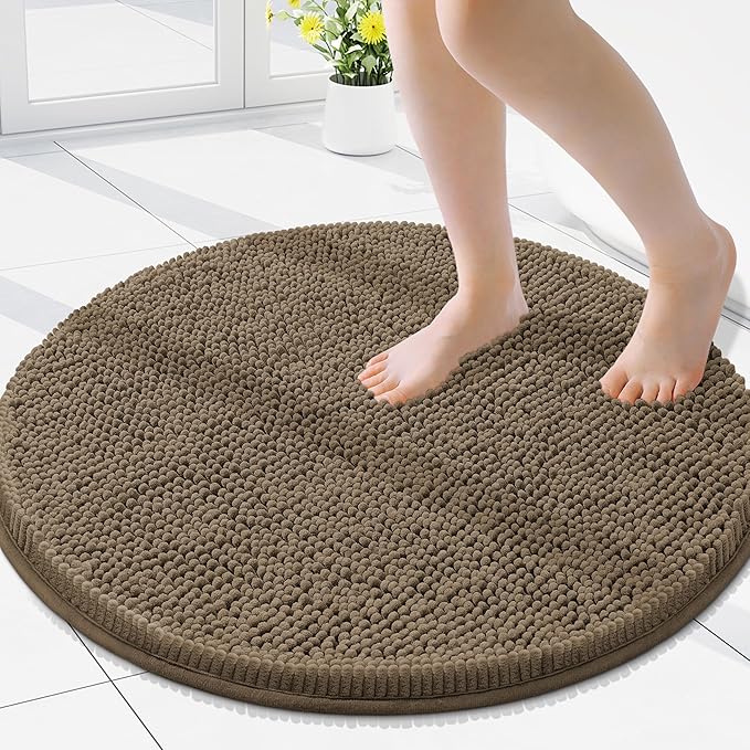 Smiry Luxury Chenille Round 24x24, Extra Soft and Absorbent Shaggy Bathroom Mat Rugs, Machine Washable, Non-Slip Plush Carpet for Tub, Shower, and Bath Room, Camel