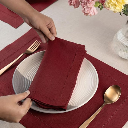 D'Moksha Homes Dark Red Linen Napkins Set of 4 - Classic Hemstitch 100% Pure Linen Hemstitch Dinner Napkins 20 x 20 Inch for Winter, Christmas, Holiday - Handcrafted and Machine Washable
