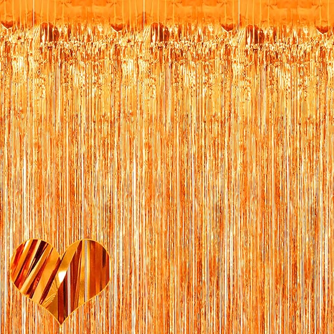 4 Pack Orange Fringe Curtain Backdrop, 3.2Ft x 8.2Ft Metallic Tinsel Foil Fringe Streamers Background for Photo Booth Birthday Wedding Baby Shower Carnival Easter Mother’s Day Party Decorations