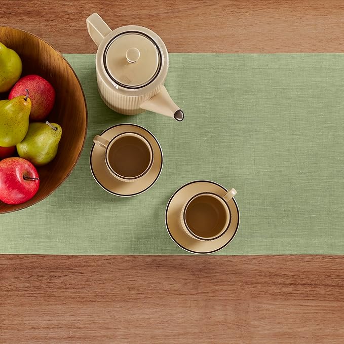 Solino Home Linen Small Table Runner 36 Inches - Athena, 100% Pure Linen Chambray Olive Table Runner 14 x 36 Inch Ideal for Dresser and Coffee Tables - Fall, Autumn, Christmas, New Year