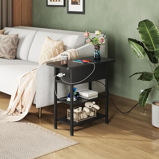 WLIVE End Table with Charging Station, Flip Top Narrow Side Table with Storage Shelf, Small Nightstand with USB Ports and Outlets,Bedside Table for Living Room, Bedroom,11.8" D x 23.6" W x 24.3" H