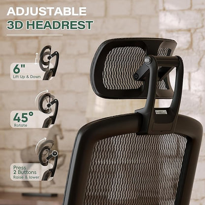 GABRYLLY Ergonomic Office Chair with Footrest, High Back Home Desk Chair - 3D Headrest, Flip-Up Arms, 135° Tilt and Wide Cushion, Heavy Duty Mesh Chairs for Task Computer Gaming, GYB01-FT