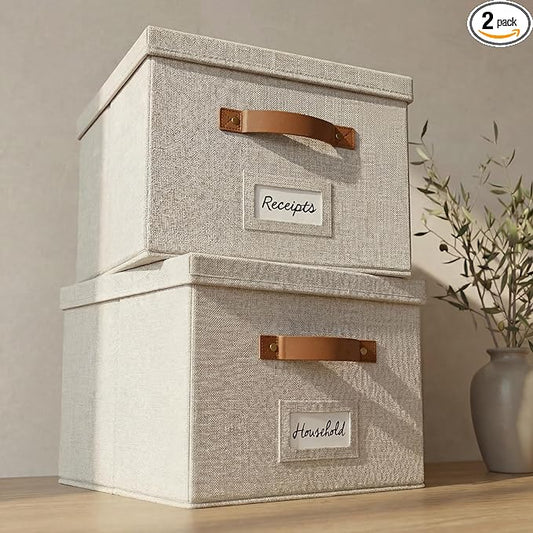 ZICOTO Decorative File Organizer Box Set of 2 - Collapsible Linen Filing Cabinets w/Handles Are Perfect to Store all Your Documents & Hanging File Folders - Portable Easy Slide Crates with Lid