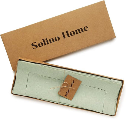 Solino Home Linen Placemats Set of 4 - Classic Hemstitch Sage Green Placemats 14 x 19 Inch - 100% Pure Linen Table Mats for Fall, Autumn, Christmas, Winter, New Year