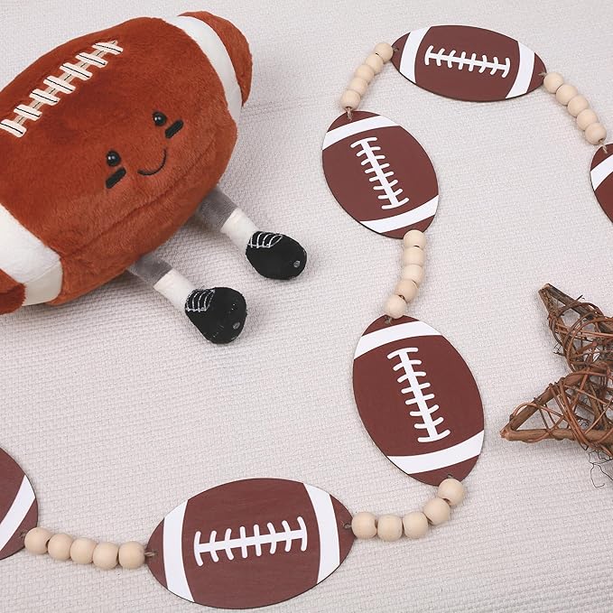Wood Football Garland Banner Decorations,Football Wood Bead Banner Party Decor,for Wall Fireplace Mantle Home Office Spring Favors Sports Theme Birthday Tailgate Party Game Day Supplies