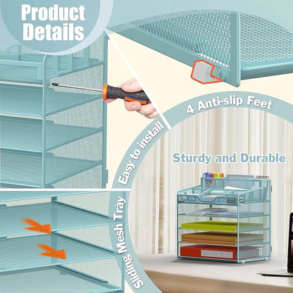 Docnest 5 Tier Mesh Desk Organizer for Paper Office Supplies – Multi-Functional Letter Tray with 5 Adjustable Compartments, 3 Pen Holders, Desktop Storage for Files, Mail, Stationery – Blue