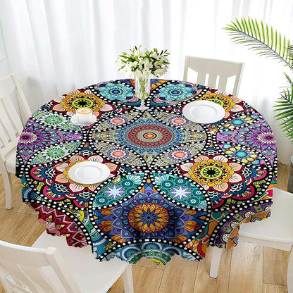 Eikione Boho Round Tablecloth 70 Inch Bohemia Table Cloth, Tablecloth Polyester Waterproof Stain Wrinkle Free, Indoor and Outdoor Round Table Cover