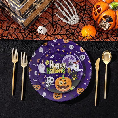 U-QE 20Pcs Halloween Plastic Plates - Cute Ghost and Pumpkins Design - Purple Plastic Plates Includes 10 10.25" Dinner & 10 7.5" Salad Plate - Perfect for Halloween Party, Ghost Party