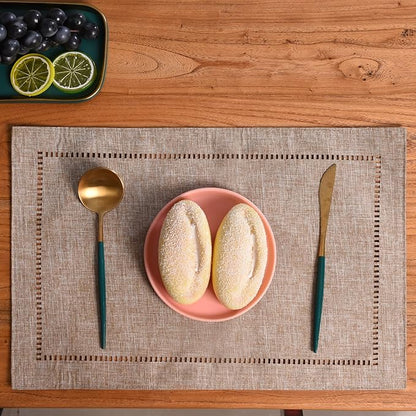Tosewever Set of 4 Decorative Linen Placemats 12 x 18 Inches, Farmhouse Style Table Mats for Everyday Dining Wedding Party Holiday Home Decor (4 Pieces 12 x 18”, Light Coffee/Straight)