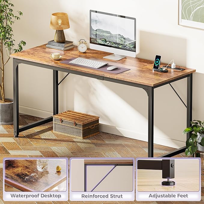 PRAISUN 63 X 24 Inch Office Computer Desk with Power Outlets and USB-C Port, Larger and Longer Gaming Desk, for Home Office, Study, Writing Work from Home Table, Metal Frame, White