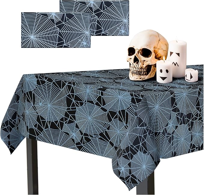 Halloween Tablecloth - 2-Pack Disposable Spider Web Plastic Table Covers, 54 x 108 Inches - Halloween Party Decorations
