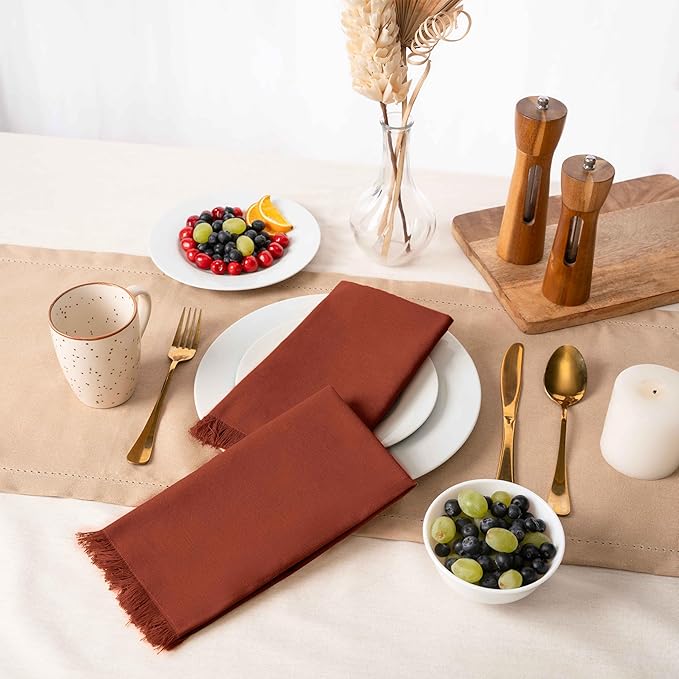 Blue Needles Handmade Cotton Linen Cloth Napkins with Fringes - Set of 6 Rust Dinner Table Napkins 18x18 Inch Hemmed Edges Washable, Soft, Reusable, Perfect for Fall Thanksgiving & Family Dinner